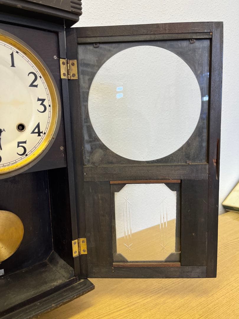 壁掛け振り子時計　SEIKOSHA 木製　アンティーク　レトロ　真鍮文字盤