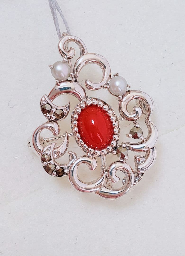 未使用品 碌山 赤珊瑚 シルバー ブローチ 兼 ペンダント