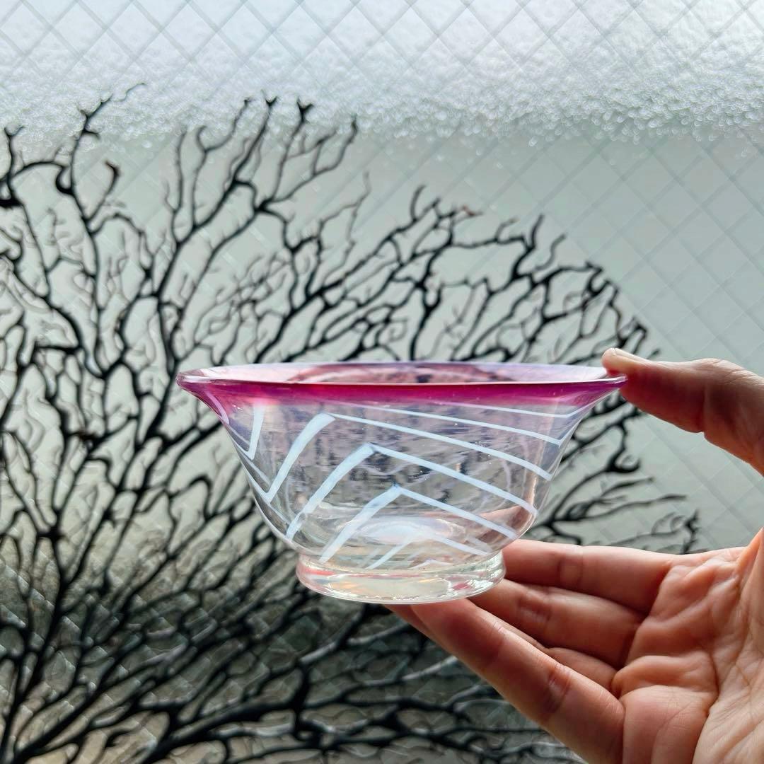 骨董　時代ガラス　超希少　金赤フチ　反り口　澤瀉紋　氷コップ　氷鉢　ウランガラス