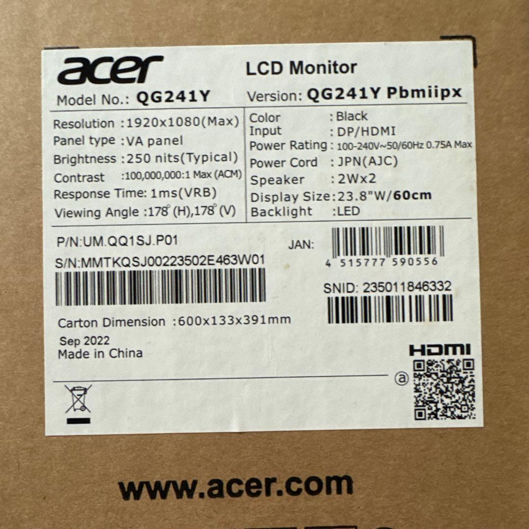 美品　Acer QG241Y Pbmiipx 23.8 ゲーミングモニター