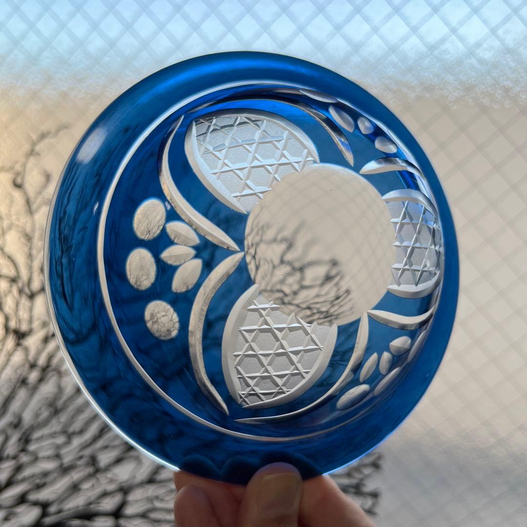 骨董　時代ガラス　希少　群青色被せ　モダンカット　大正浪漫切子　兜型　向付　小鉢