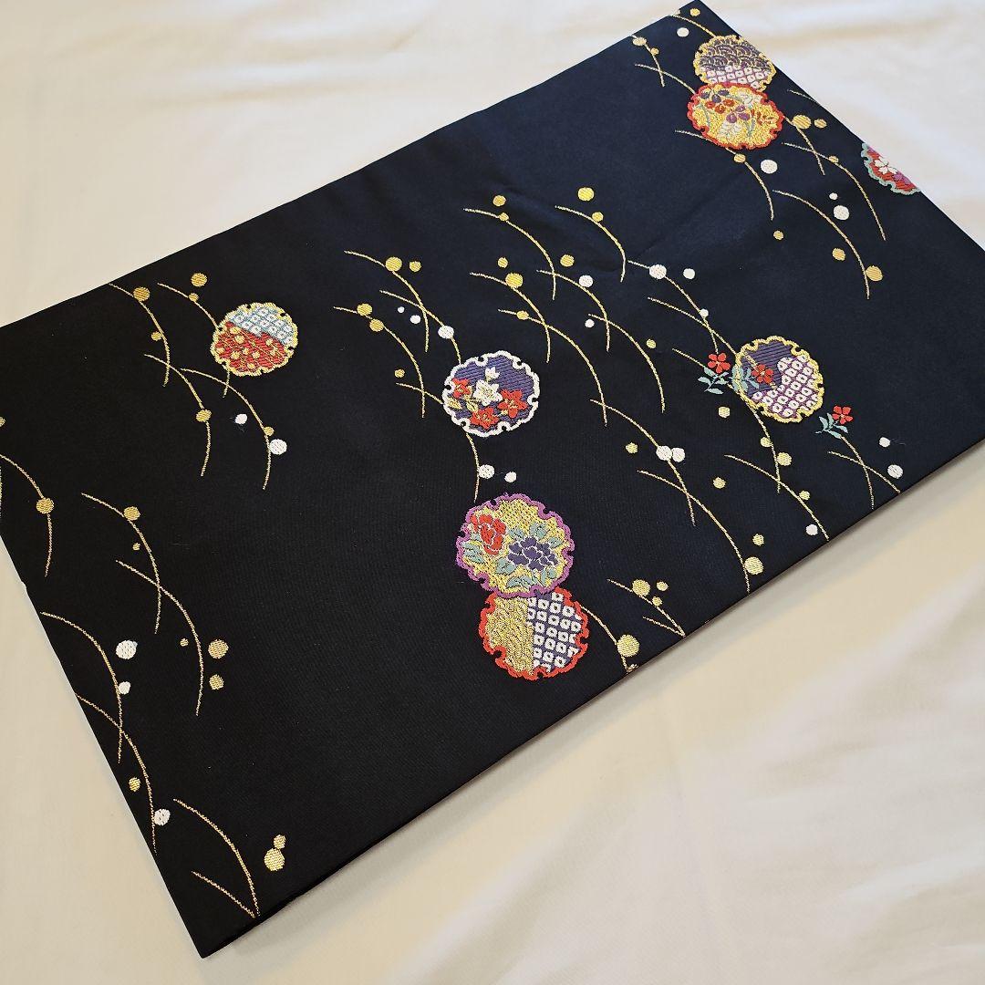 名古屋帯☆雪輪文様☆九寸☆露草☆正絹☆セミフォーマル☆黒地☆金彩