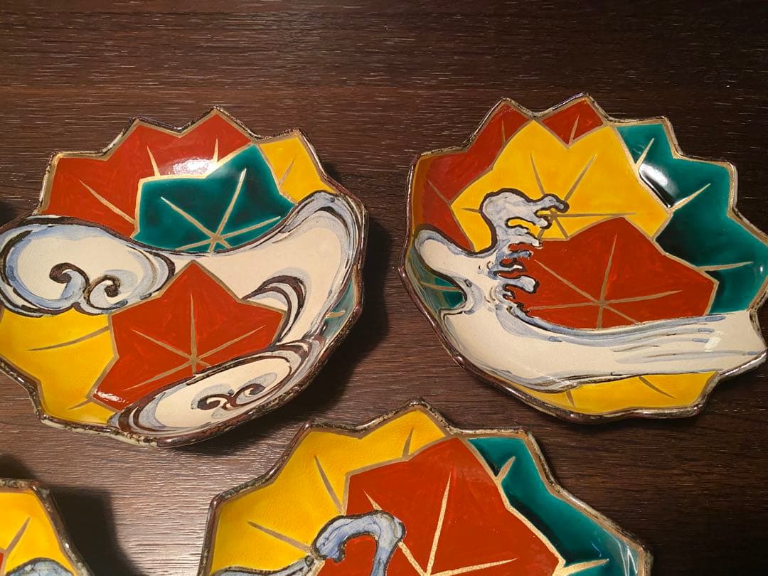 乾山写呉須入り竜田川文向付5種5色絵がわり 5客　清水焼　京器　懐石向付