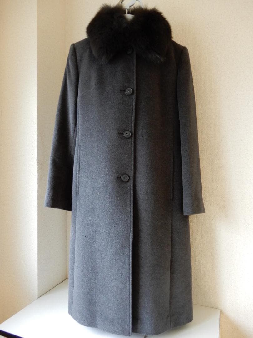 モンリーラス☆ステンカラーコートMサイズ(ブルーフォックス襟付き)グレー