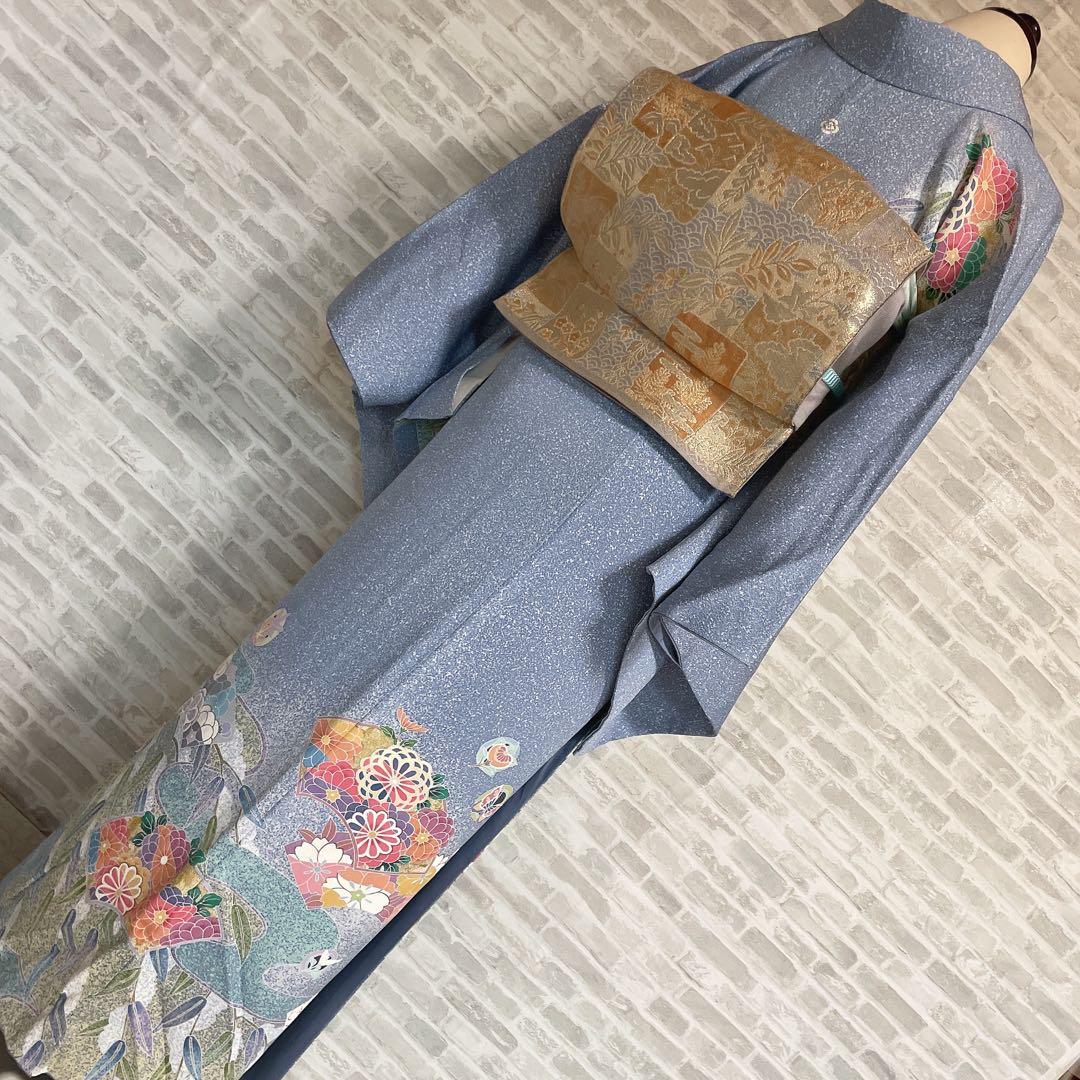 訪問着　フルセット　枝垂れ柳　地紙　丸紋　叩き染　着物　I2