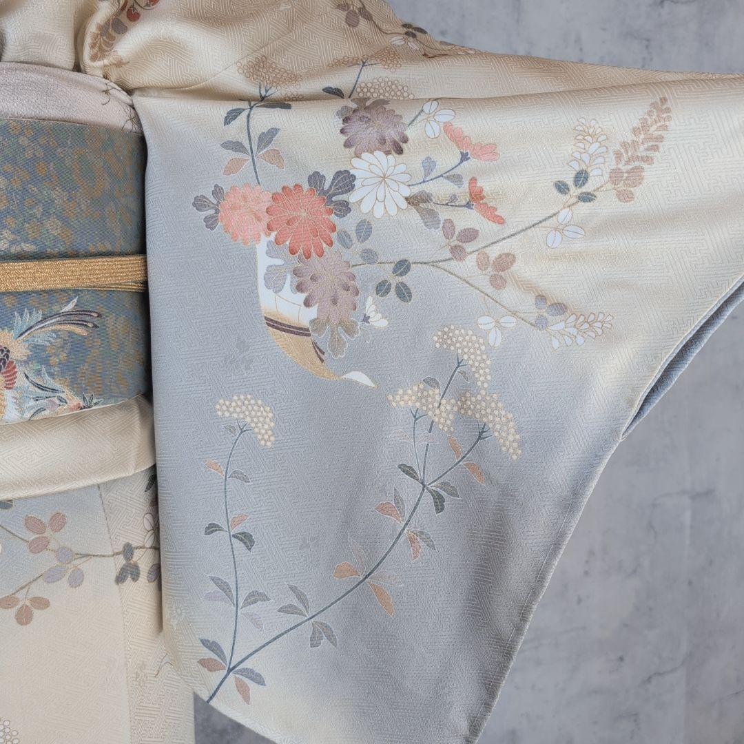 訪問着　フルセット　着物　正絹　淡い黄色　トールサイズ　比翼仕立　花金駒刺繍E2