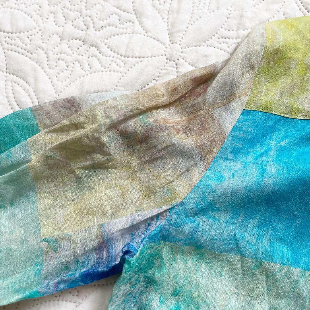 現行　レリアン　ブラウス　11号　シアー素材　バンドカラー　パッチワーク風　綿麻