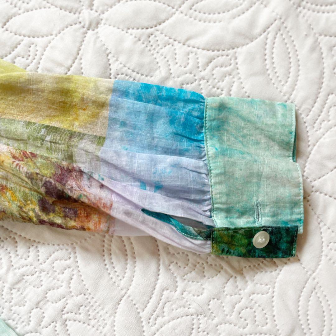 現行　レリアン　ブラウス　11号　シアー素材　バンドカラー　パッチワーク風　綿麻