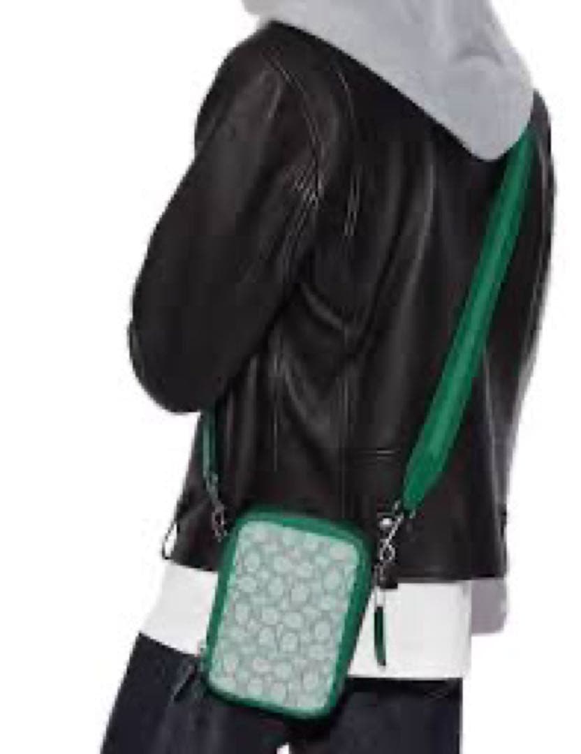 【人気色】COACH ミニショルダー シグネチャー ジャカード×レザー 緑