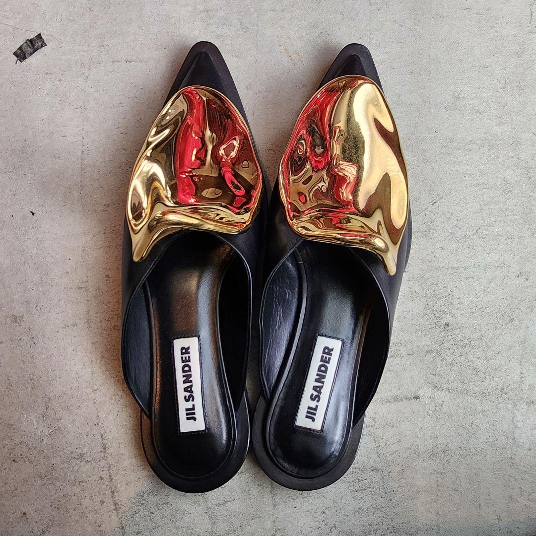 ［美品］JIL SANDER メタルプレート フラット ミュール　サンダル　黒