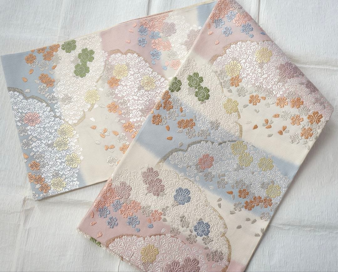 正絹　六通袋帯　雪輪に桜　唐織　入学式、卒業式など