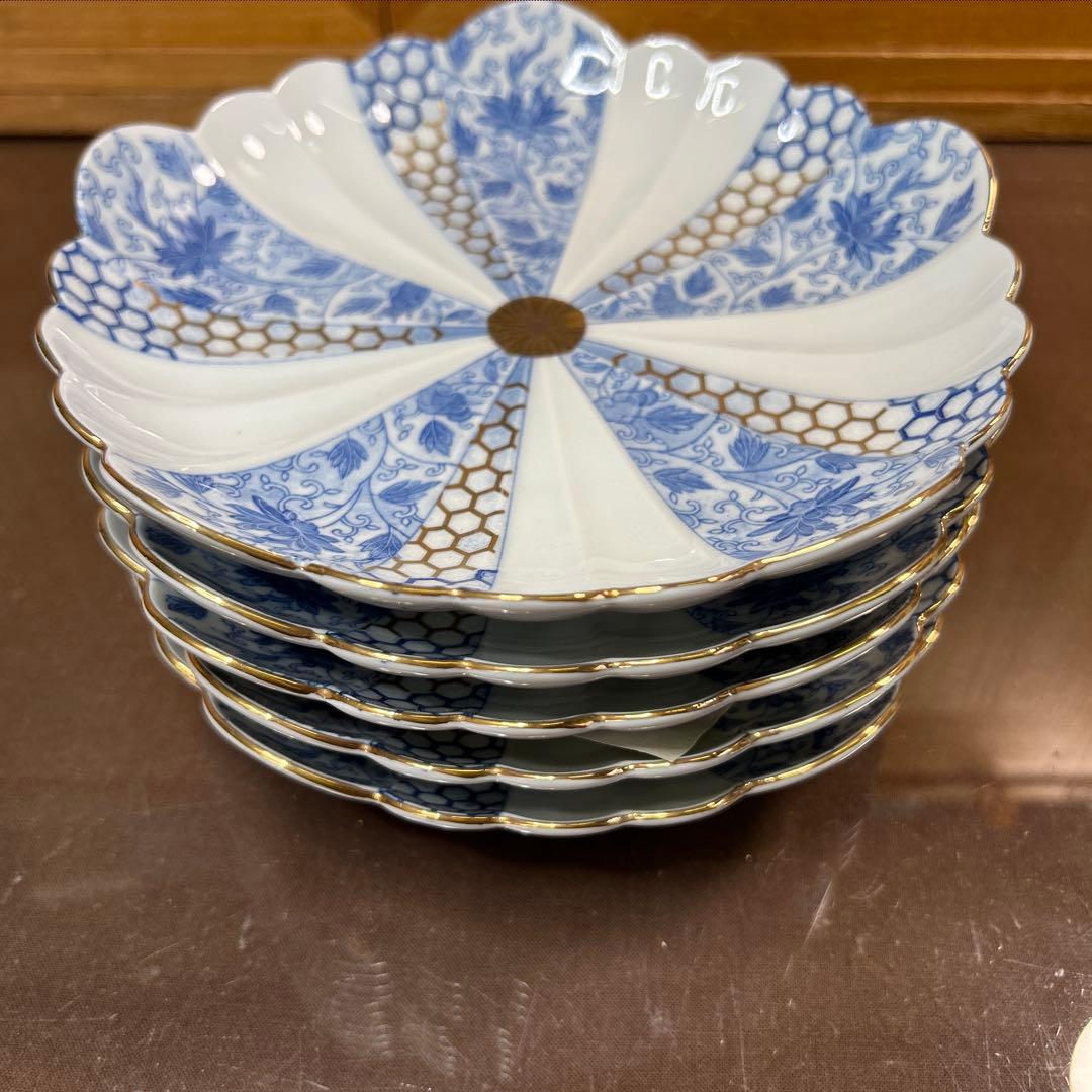 西山窯　古伊万里 金彩染付亀甲唐草文　銘々皿揃　 美品