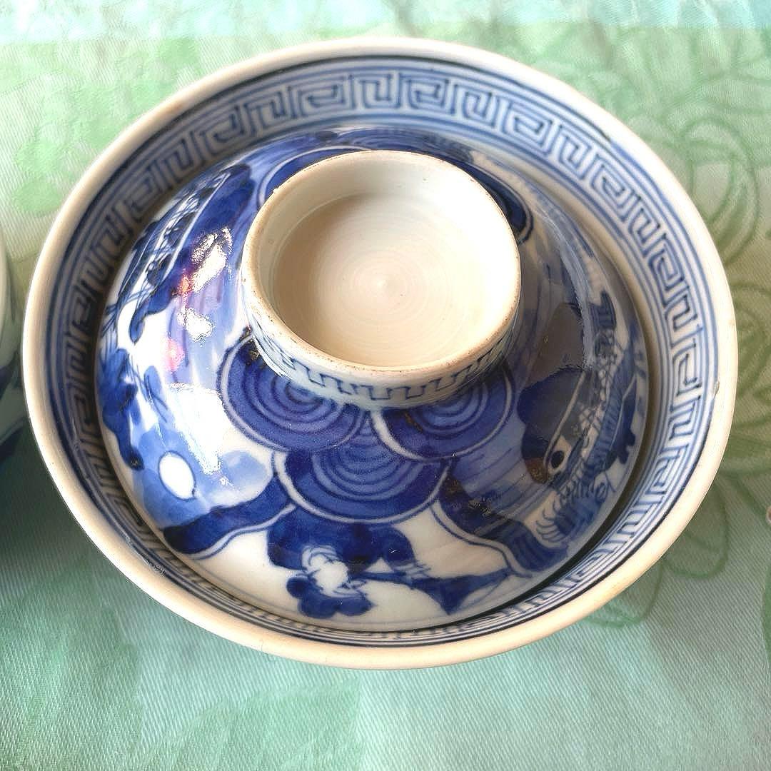 幕末明治　異人　外来船　蓋付きご飯茶碗　5客