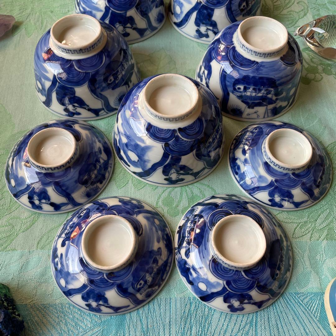 幕末明治　異人　外来船　蓋付きご飯茶碗　5客