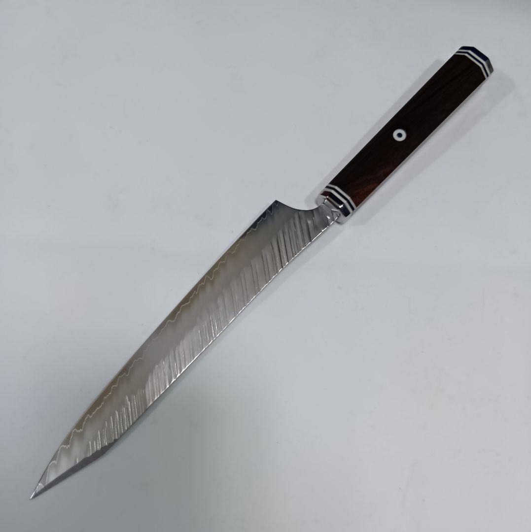 鬼反り切付型 V金10号 9層ダマスカス鋼 筋引 包丁 22cm 黒檀八角柄