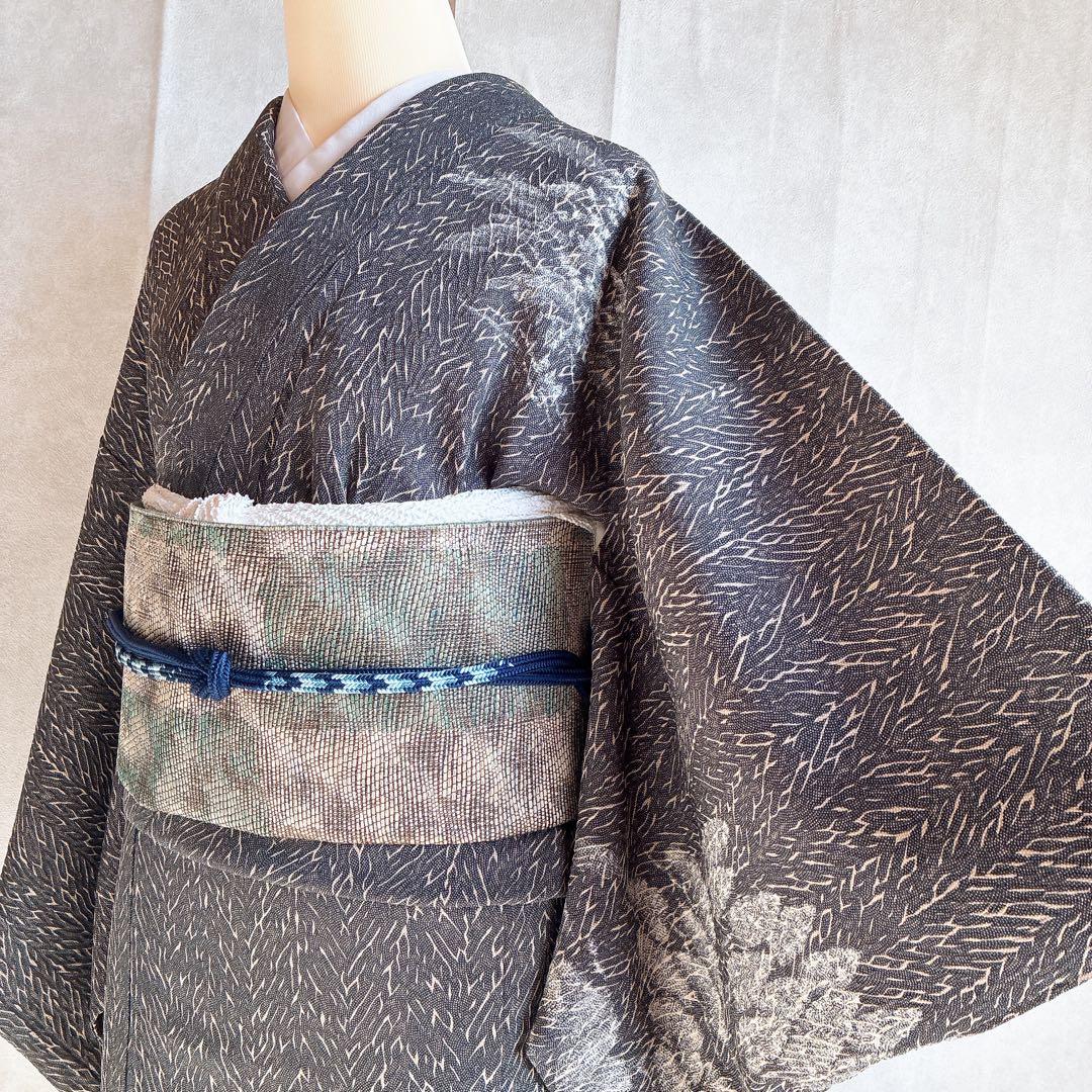 〈長襦袢➕〉訪問着　フルセット　着物　正絹　保津川下り　渋　パールトーン　J8