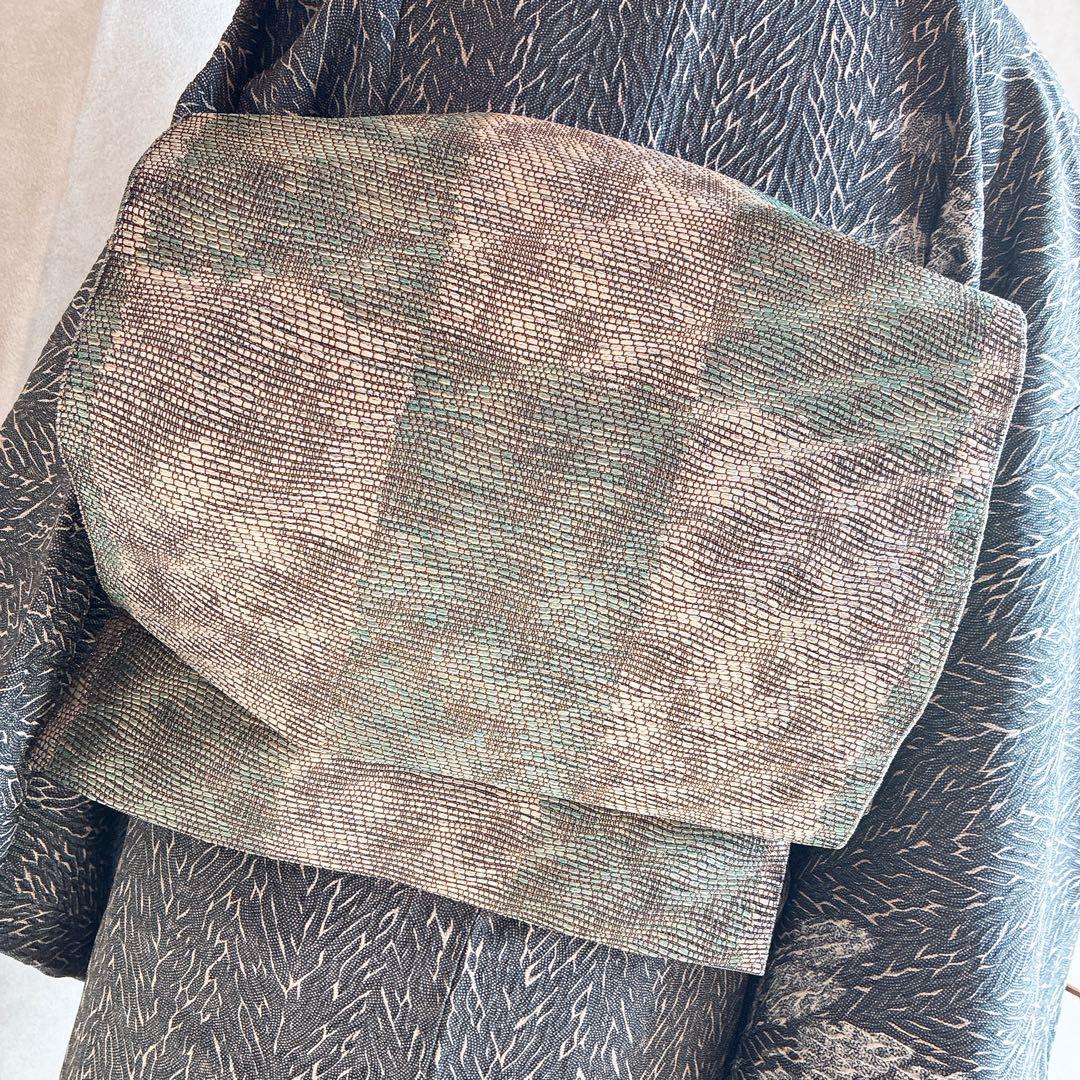 〈長襦袢➕〉訪問着　フルセット　着物　正絹　保津川下り　渋　パールトーン　J8