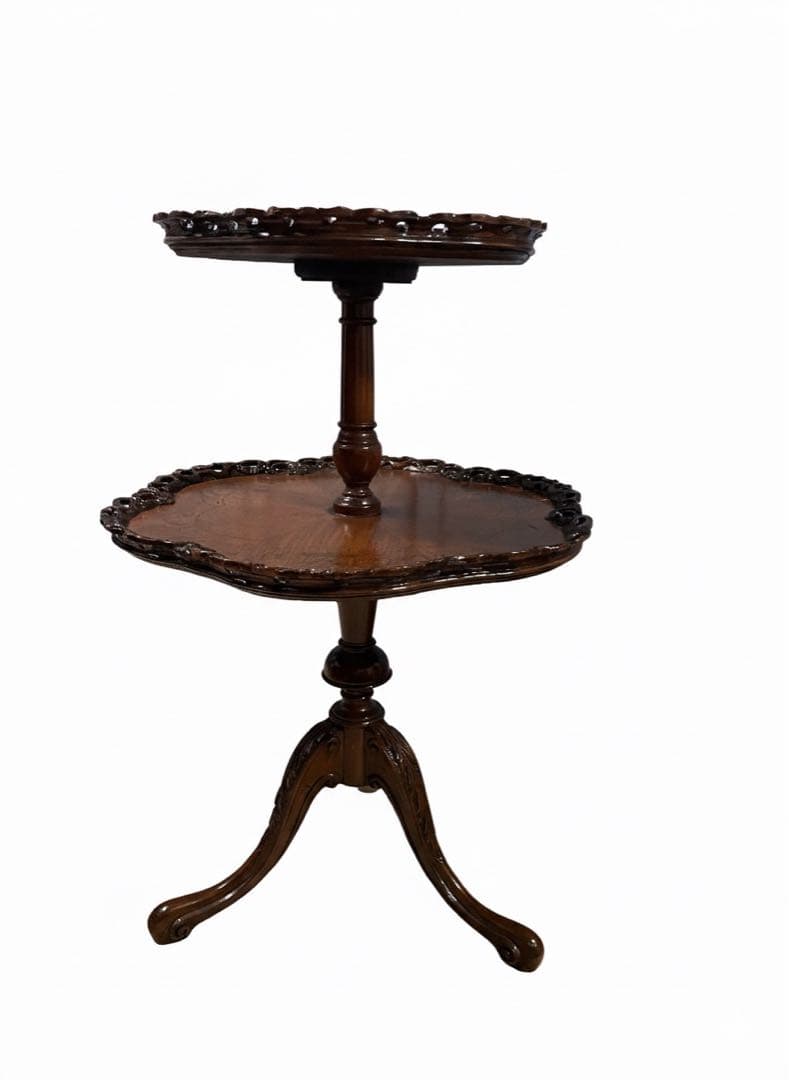 イギリスアンティーク　２段テーブル　 マホガニー象嵌装飾　透かし彫り