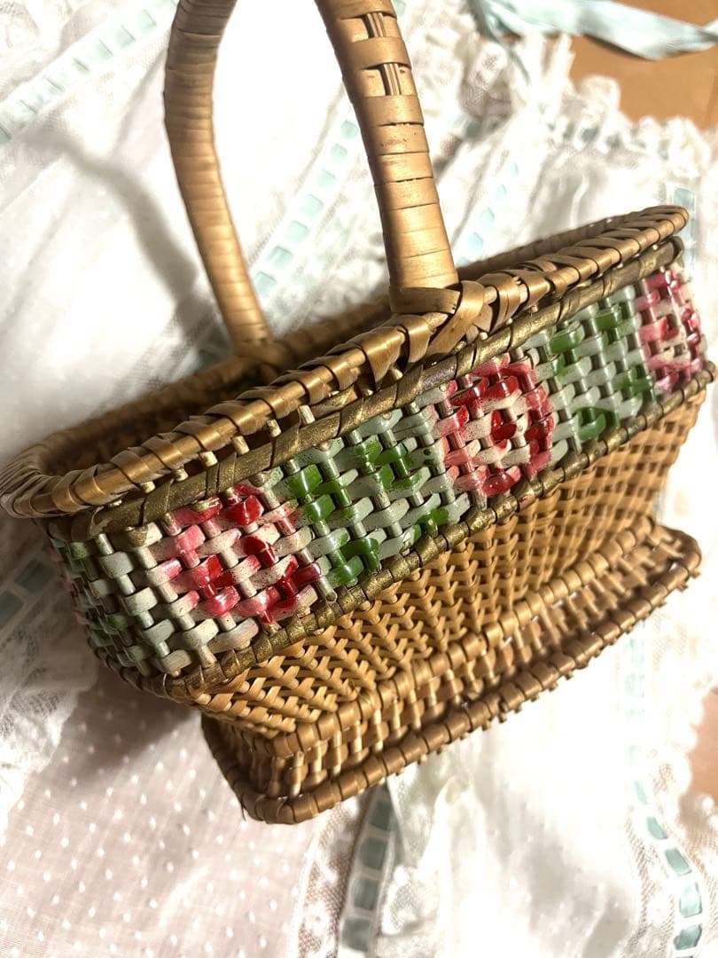 小さめ　アンティーク　フランス　ローズ　パニエ バスケット