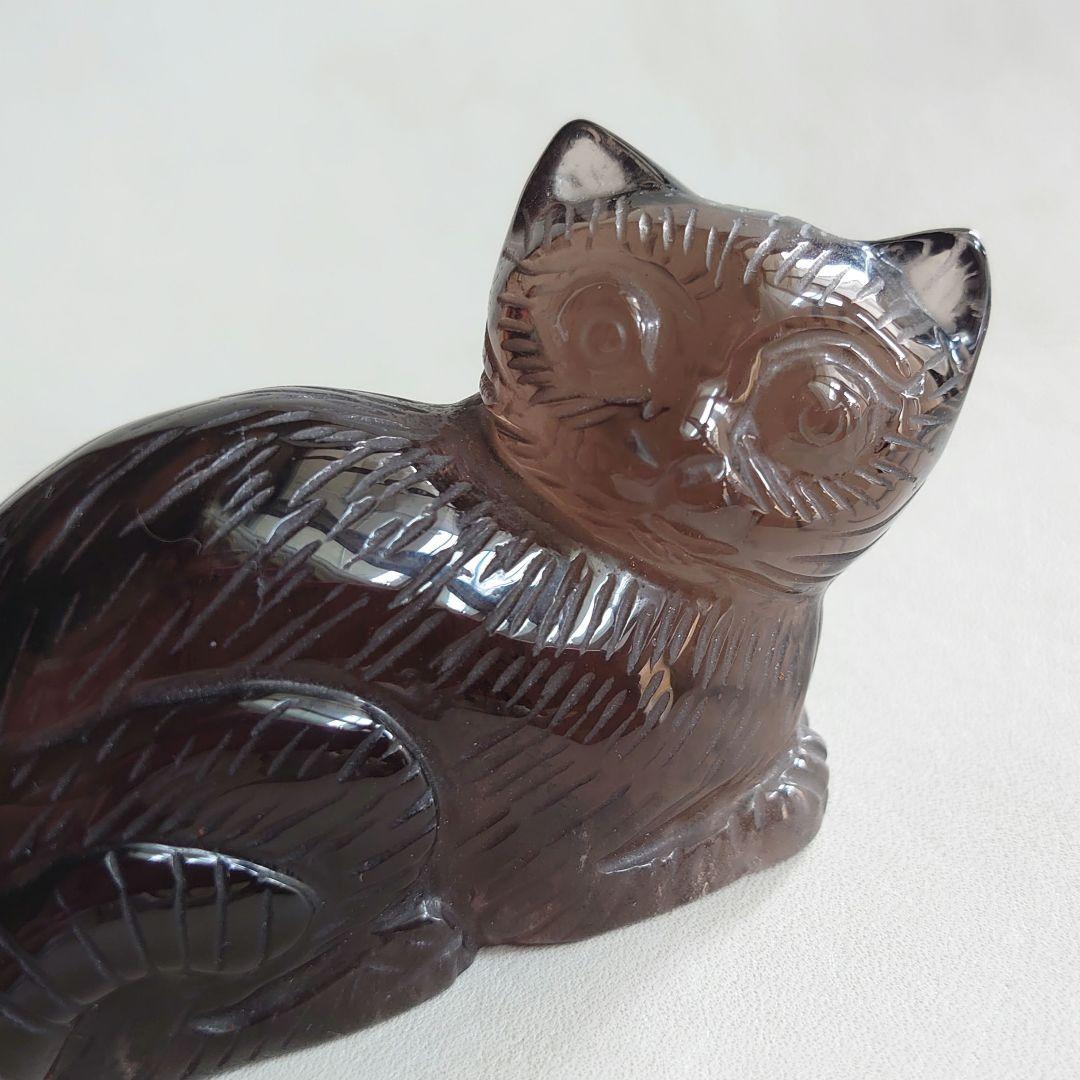 ★手彫り一点物、スモーキークォーツネコ　置物　素晴らしい手仕事　素敵な逸品