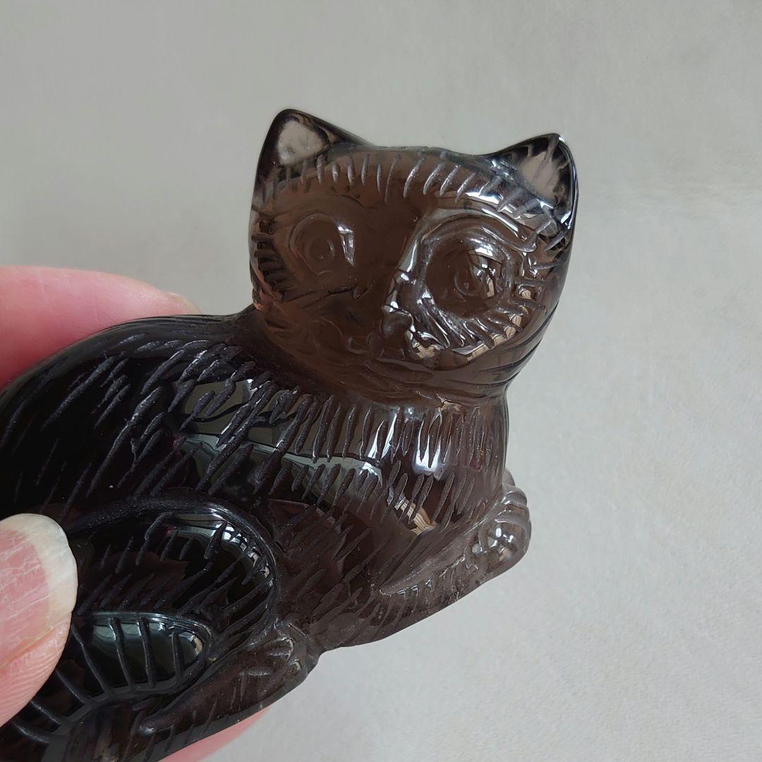 ★手彫り一点物、スモーキークォーツネコ　置物　素晴らしい手仕事　素敵な逸品