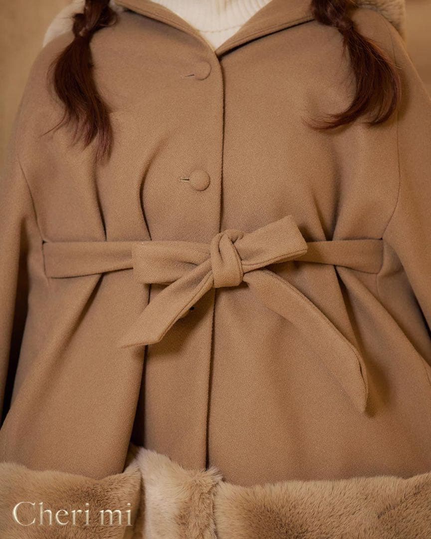 新品タグ付 Cherimi シェリミー フードファーリボンポンチョ ブラウン