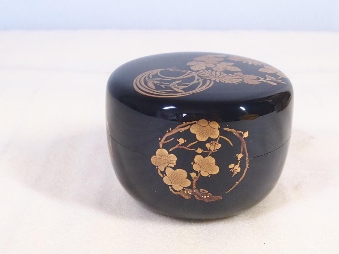 【美品】輪島塗 喜三誠志 四君子 花の丸蒔絵 平棗 薄茶器/茶入/なつめ 茶道具