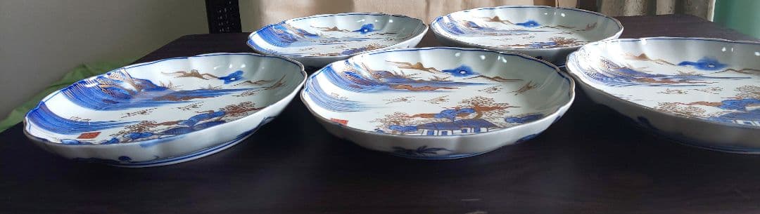 古伊万里 人物鳥山水風景図 輪花中皿 裏角福 表月弓 ５枚セット