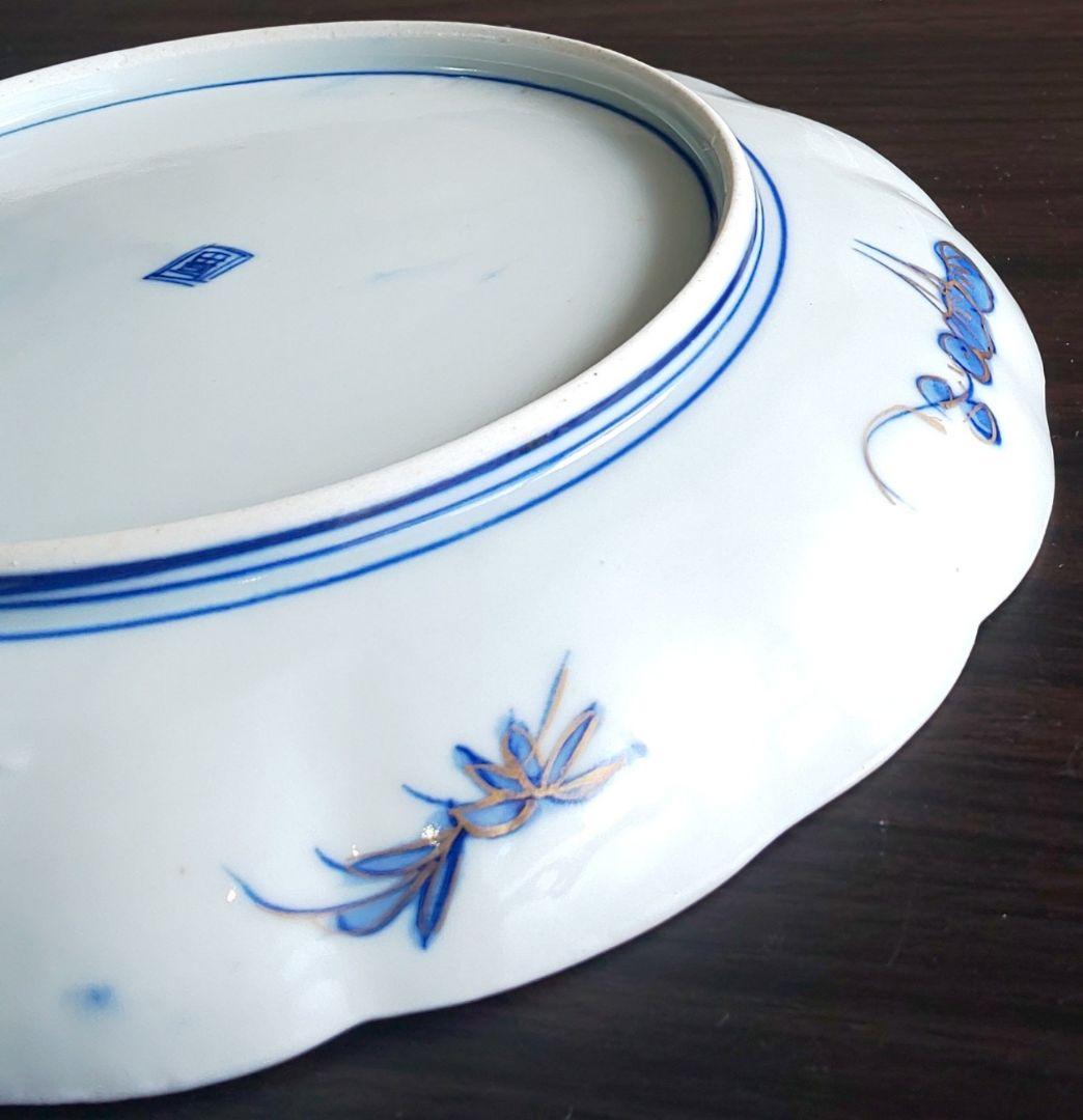 古伊万里 人物鳥山水風景図 輪花中皿 裏角福 表月弓 ５枚セット