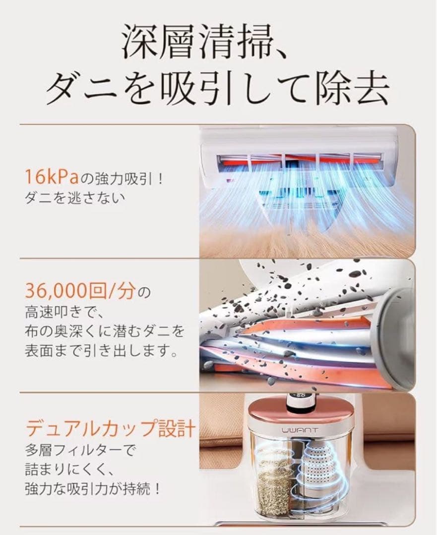 uwant 布団クリーナー 布団掃除機 65℃熱風乾燥 ダニ対策 ホコリ