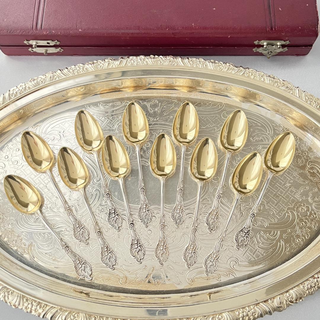 【ドイツ】レリーフのモカスプーン 12本【純銀】 10.5cm ケース