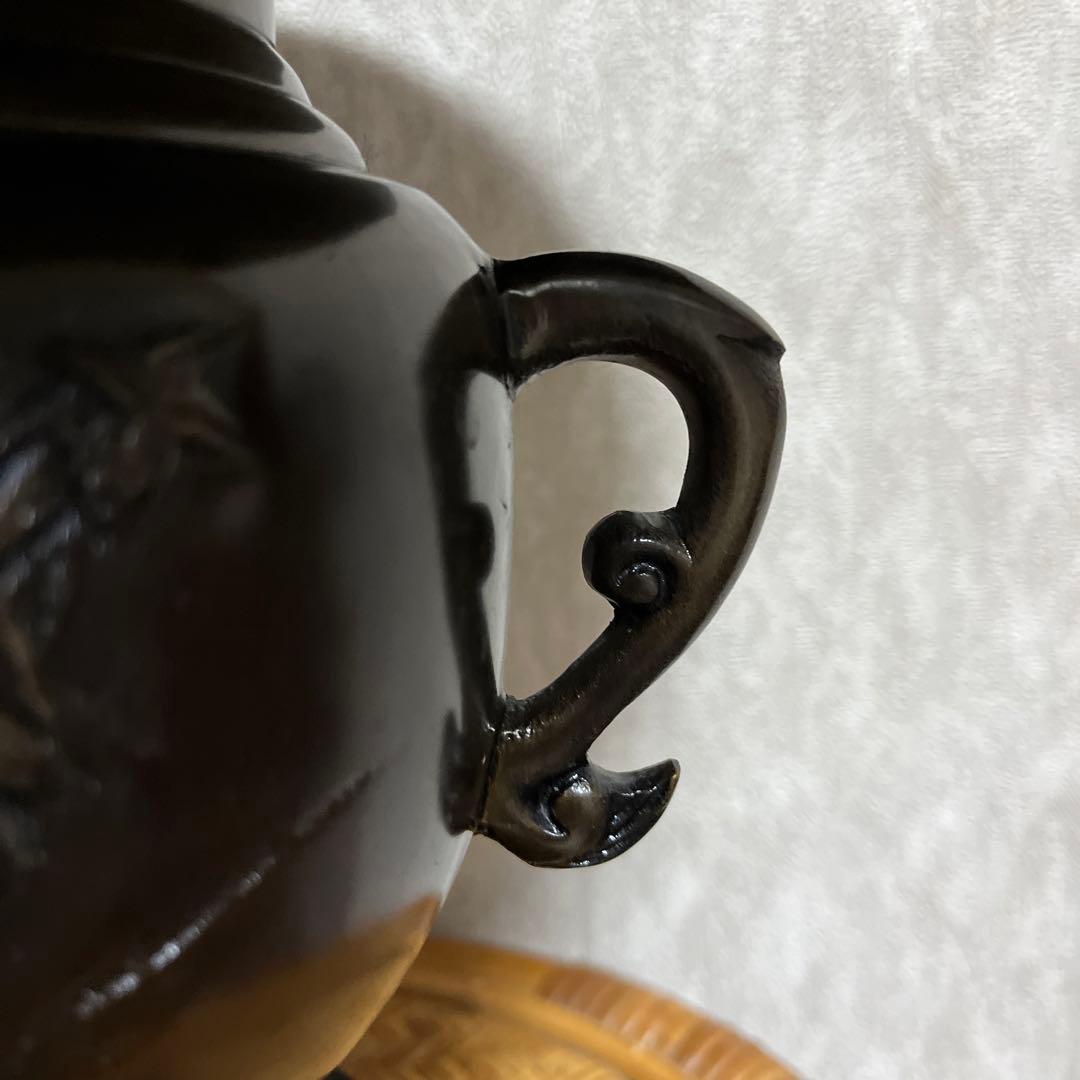 薄端 唐銅 龍 虎 模様　三脚   伝統工芸縁起物