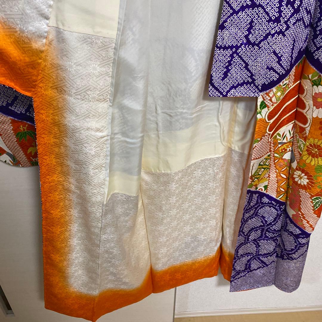 振袖　長襦袢　袋帯　3点セット　紺色　紫　有松絞り　鹿の子絞り　金駒刺繍　金彩