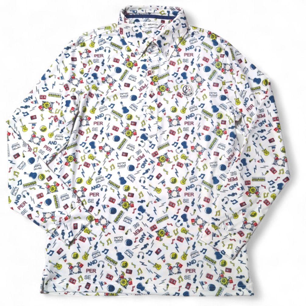 新品タグ付 アンパスィ ゴルフ 長袖 ポロシャツ 楽器柄 総柄 ホワイト L