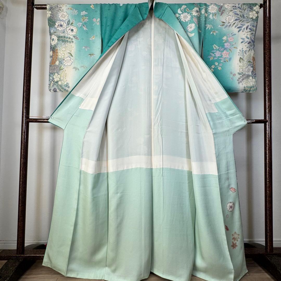 超美品　正絹　袷　広襟　訪問着　167裄66 エメラルド　吉野一廉　落款　辻ヶ花