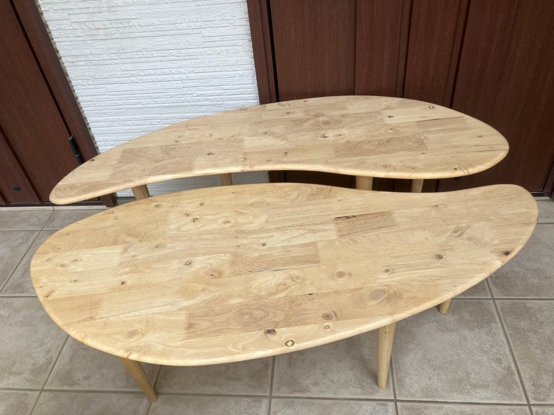 【美品】天然木ラバーウッド ◉曲線が美しいローテーブル◉2点セット