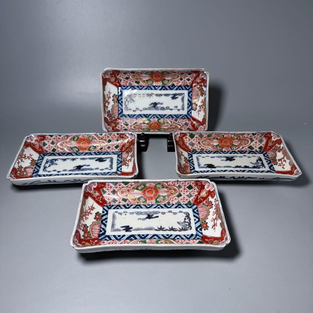 幕末〜明治時代　色絵草花文様長皿　四客　裏唐草文様　絢爛豪華　20.3cm