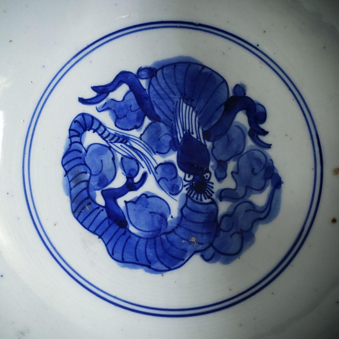 江戸期 染付 龍鳳凰文 大鉢 どんぶり 径19cm 骨董 古伊万里 縁起物