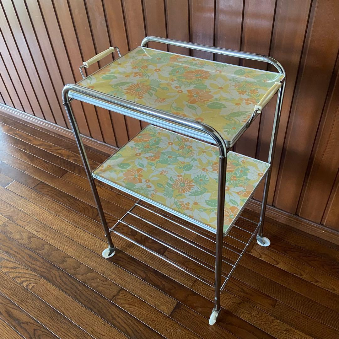 昭和レトロ　キッチンワゴン　花柄　3段　当時物　レトロポップ　トレー