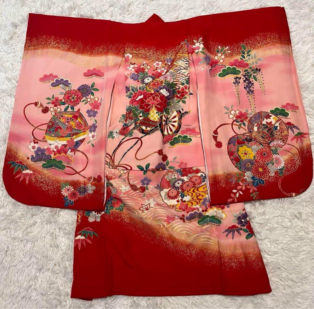 七五三　3歳　正絹　着物セット　赤　ピンク　アンティーク　被布