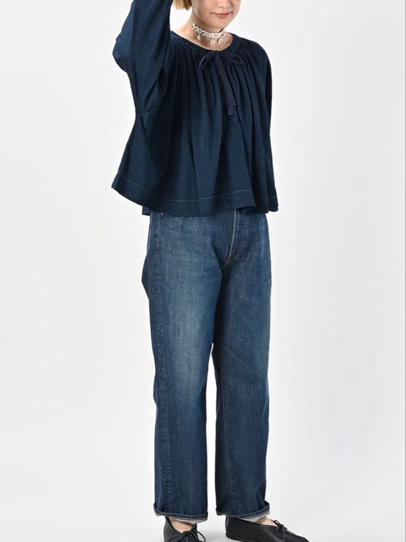 45R45rpm スーピマ天竺のギャザーブラウス(インディゴ)