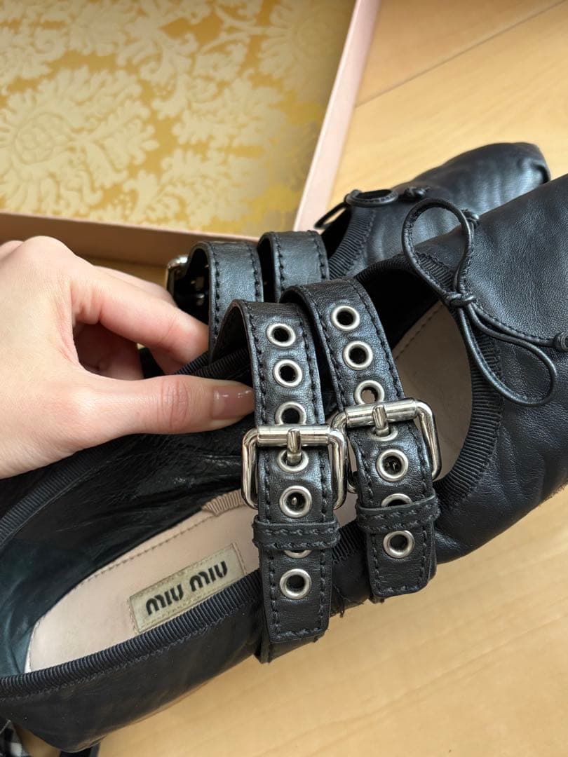 miumiu ミュウミュウ　ダブルストラップ　バレエシューズ　ギンガムチェック