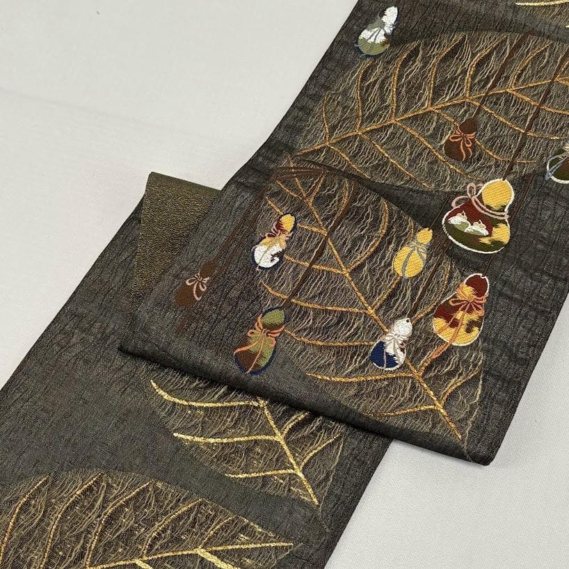 田中 野夫　未使用品　袋帯　瓢箪　葉　刺繍　金通し　六通柄　正絹　L506