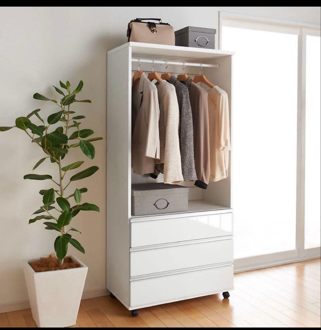 幅75㎝　ハンガーラック衣装収納ケース　白タンス　キャスター付き