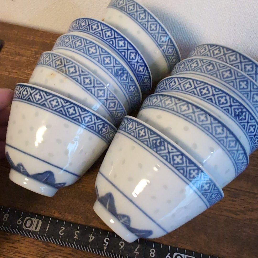 古い景徳鎮銘の蛍焼セット　中国染付　青花　蛍手アンティーク茶器　骨董