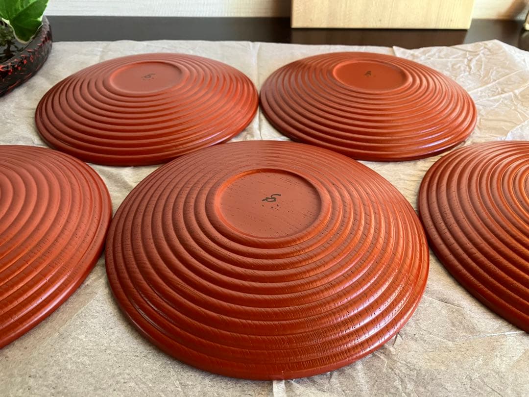 山中塗　山中漆器　香仙工房　ロクロ目　朱　銘々皿　菓子皿　５枚　茶道　茶道具
