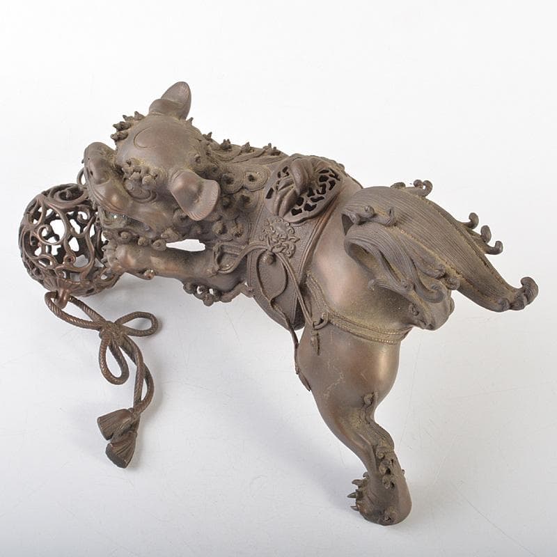 中国　古銅宣徳銅　玉乗り獅子　香炉　置物　Y　R7427