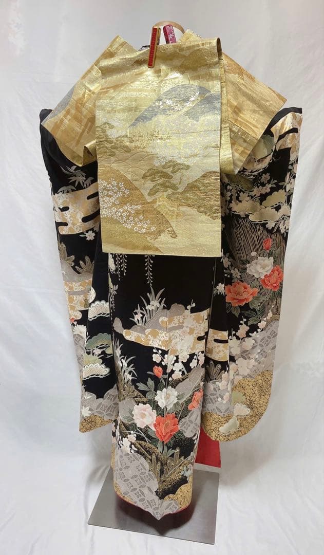 牡丹 菊 箔 金糸 黒 正絹 振袖 成人式　振袖6点セット　振袖フルセット