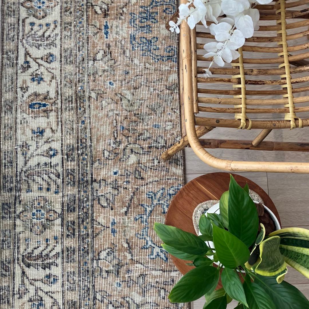 48×211ランナー　淡ブラウン　ブルー　ラインホワイト　トルコヴィンテージラグ