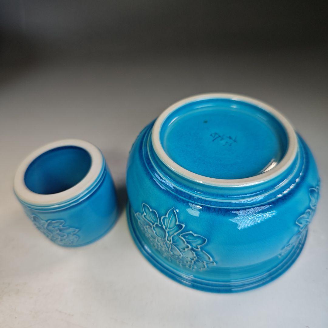 イ846 皆具『叶松谷作』『浅黄交趾　牡丹　皆具　木箱』茶道具　水指　健水　蓋置